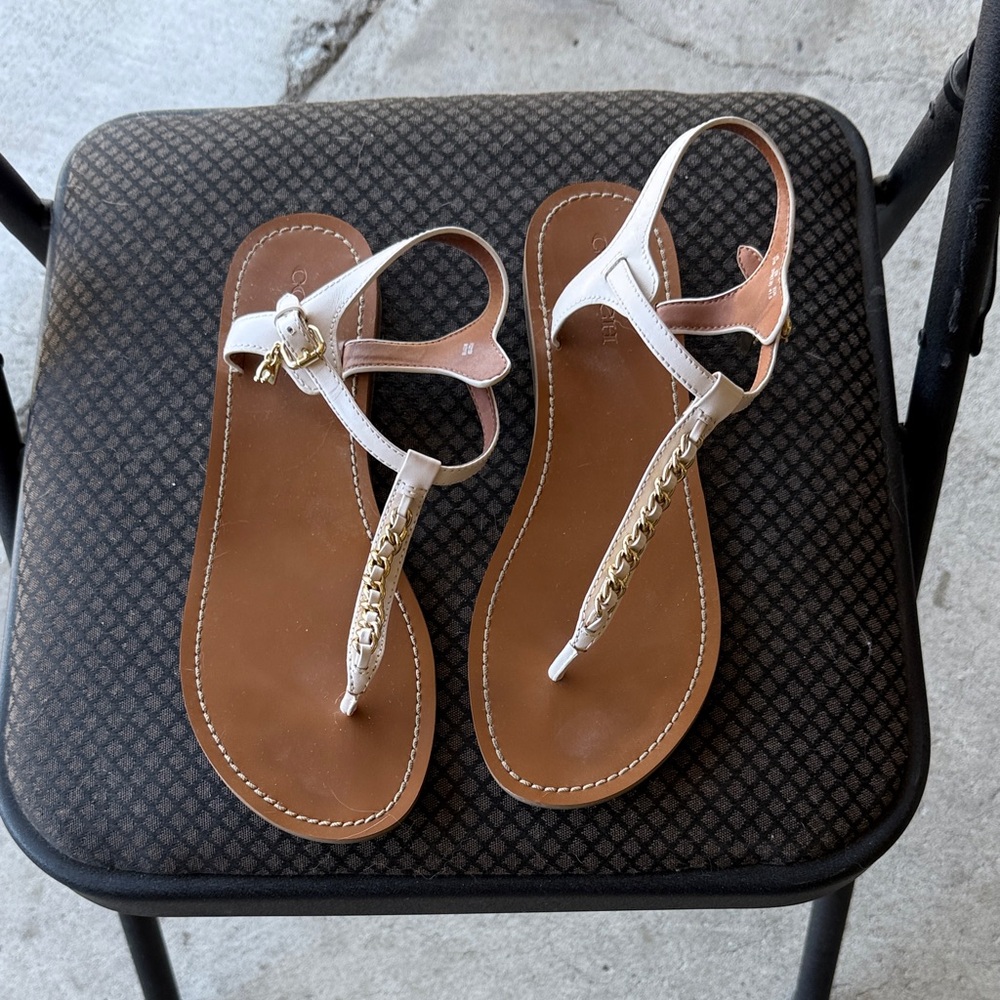 Coach Tan and Cream Sandals with Gold Chain